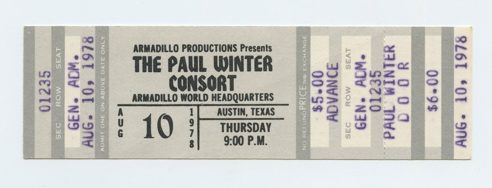 Paul Winter Ticket Vintage 1978 Aug 10 Austin TX 