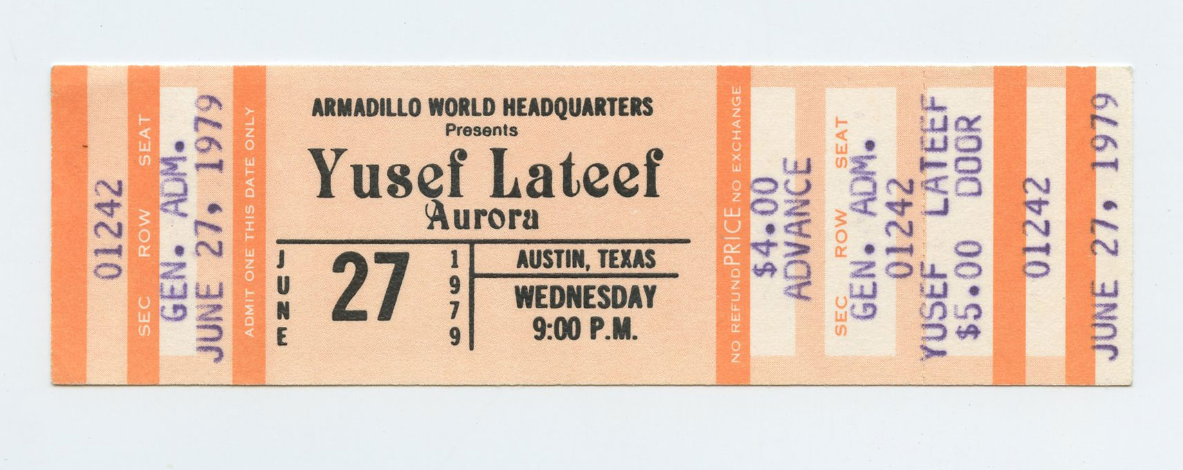 Yusef Lateef Ticket Vintage 1979 Jun 27 Austin TX 