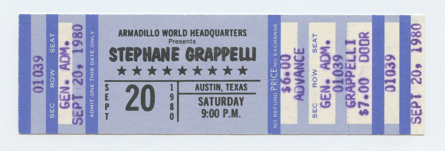 Stephane Grappelli Ticket Vintage 1980 Sep 20 Austin TX 