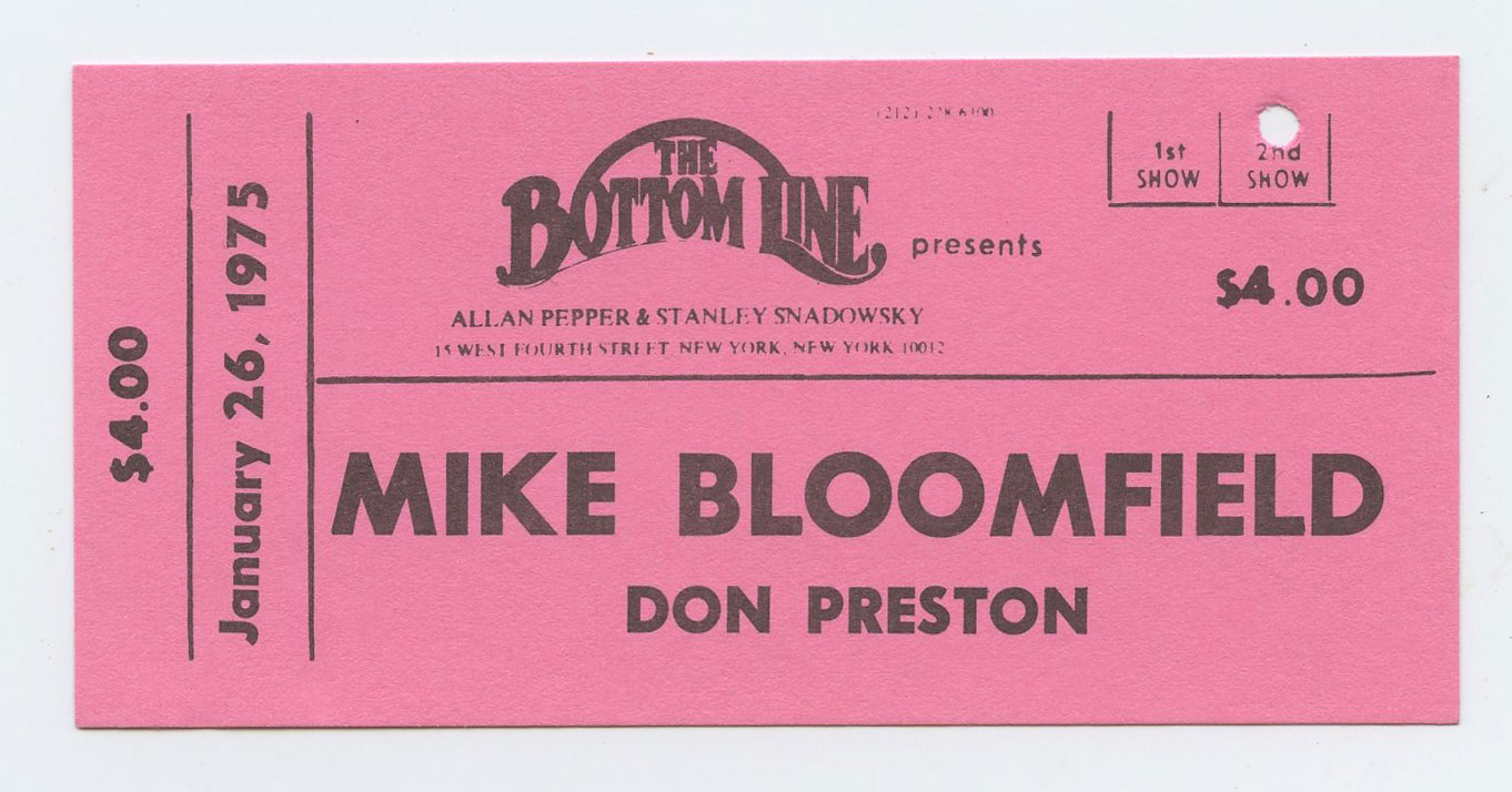 Mike Bloomfield Ticket Vintage 1975 January 26 The Botttom Line New York 