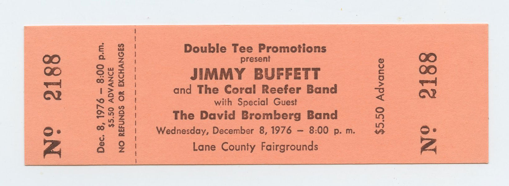 Jimmy Buffett Ticket Vintage 1976 December 8 Lane County Eugene Oregon 