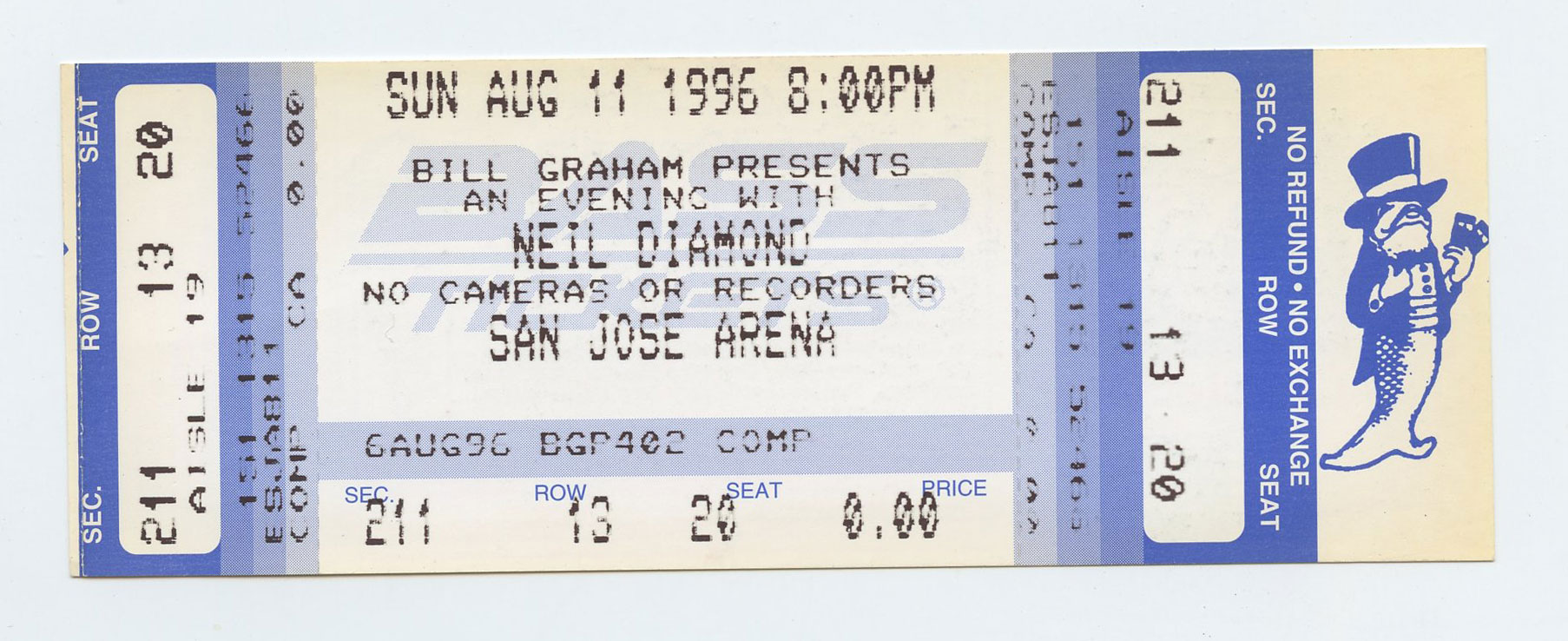 Neil Diamond Ticket Vintage 1996 Aug 11 San Jose Arena 