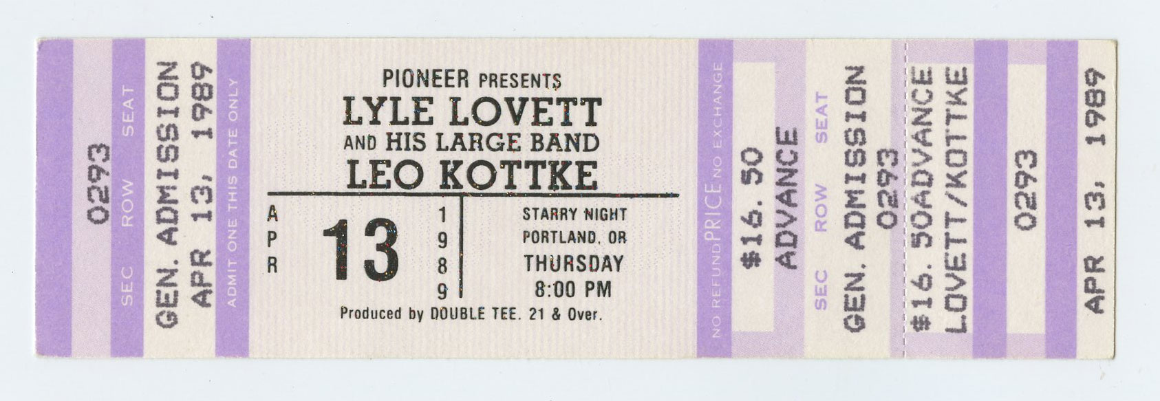 Lyle Lovett Ticket Vintage w/ Leo Kottke 1989 Apr 13 Starry Night Portland 