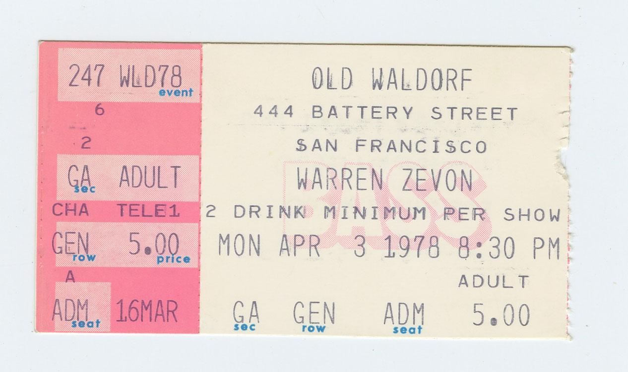 Warren Zevon Ticket Vintage Stub 1978 Apr 3 Old Waldorf San Francisco