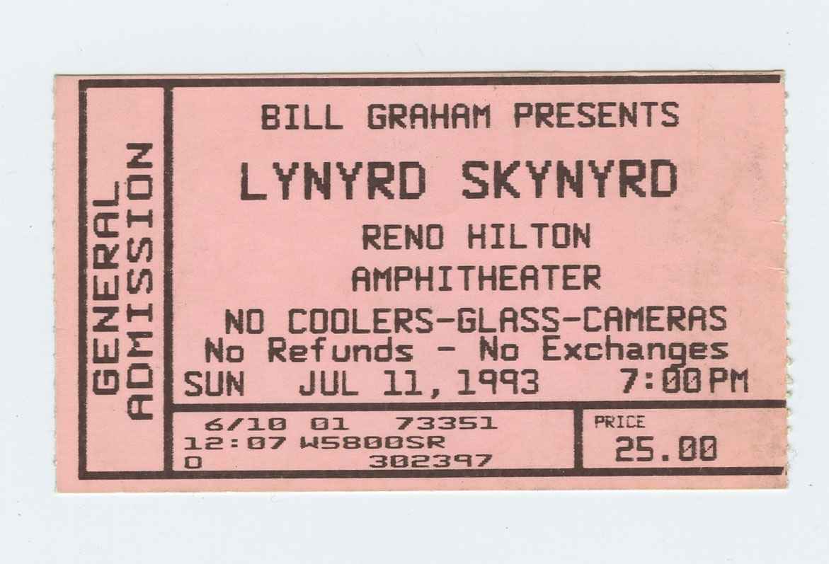 Lynyrd Skynyrd Ticket Vintage Stub 1993 Jul 11 Reno Hilton Amphitheatre