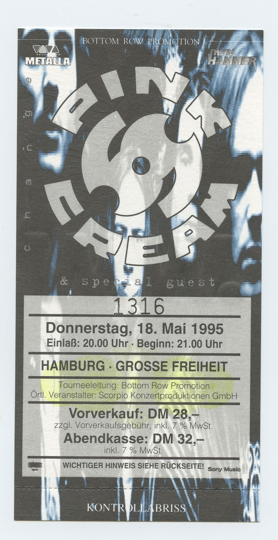 Pink Cream 69 Ticket Vintage 1995 May 18 Hamburg Germany 