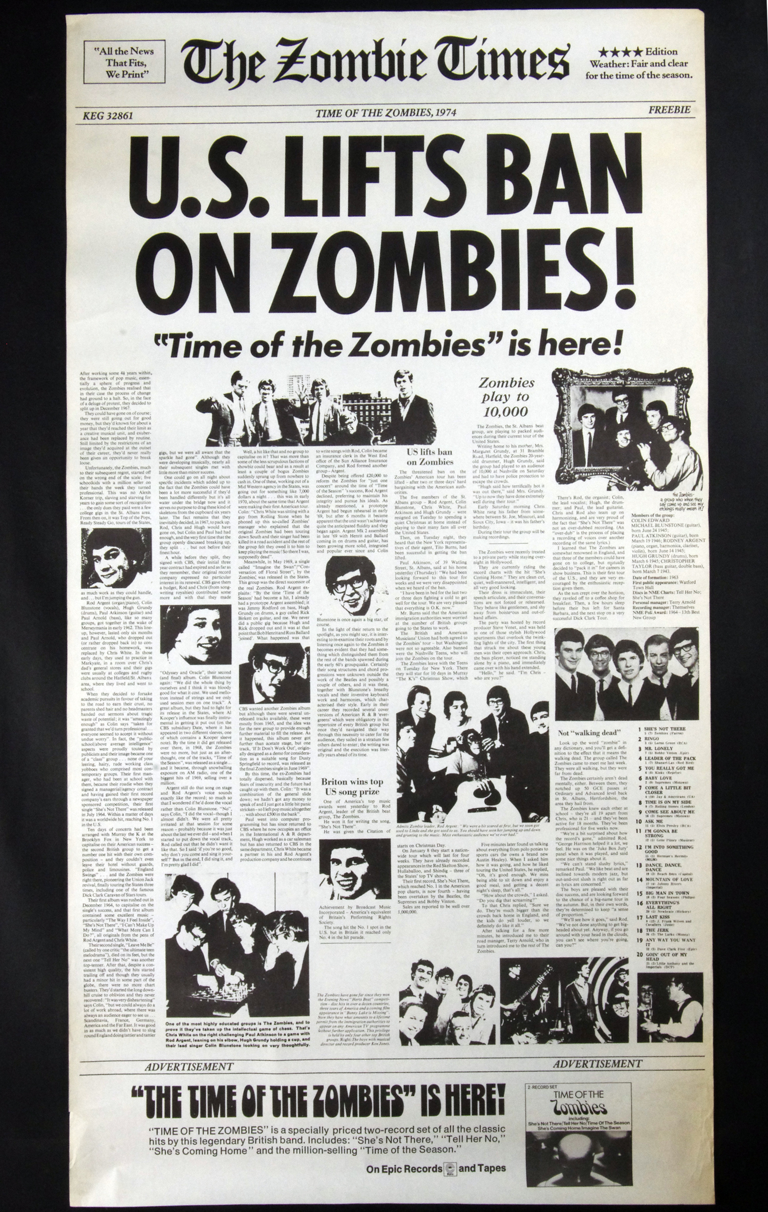 The Zombies Poster 1973 The Time of The Zombies Album Promo 26 x 48