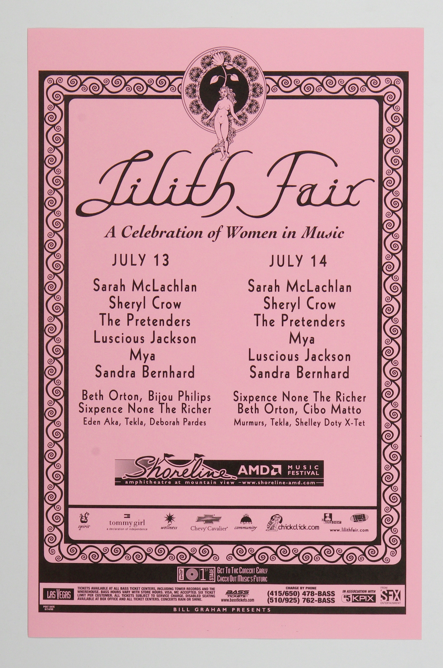 Lilith Fair Poster 1999 Jul 13 Sarah McLachlan Shryl Crow & more Shoreline Amphitheatre  