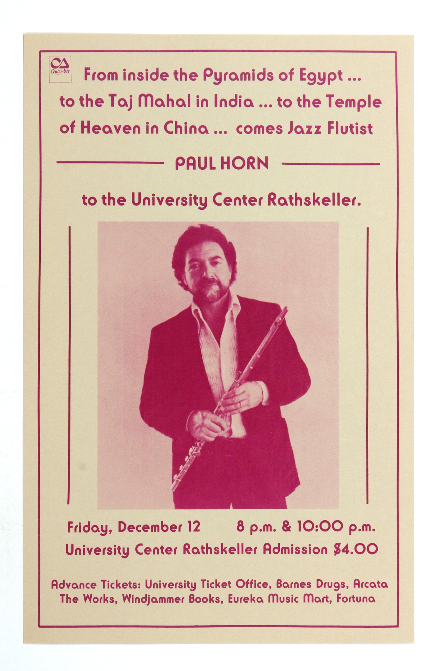 Paul Horn Poster 1980 December 12 Humboldt University Arcata