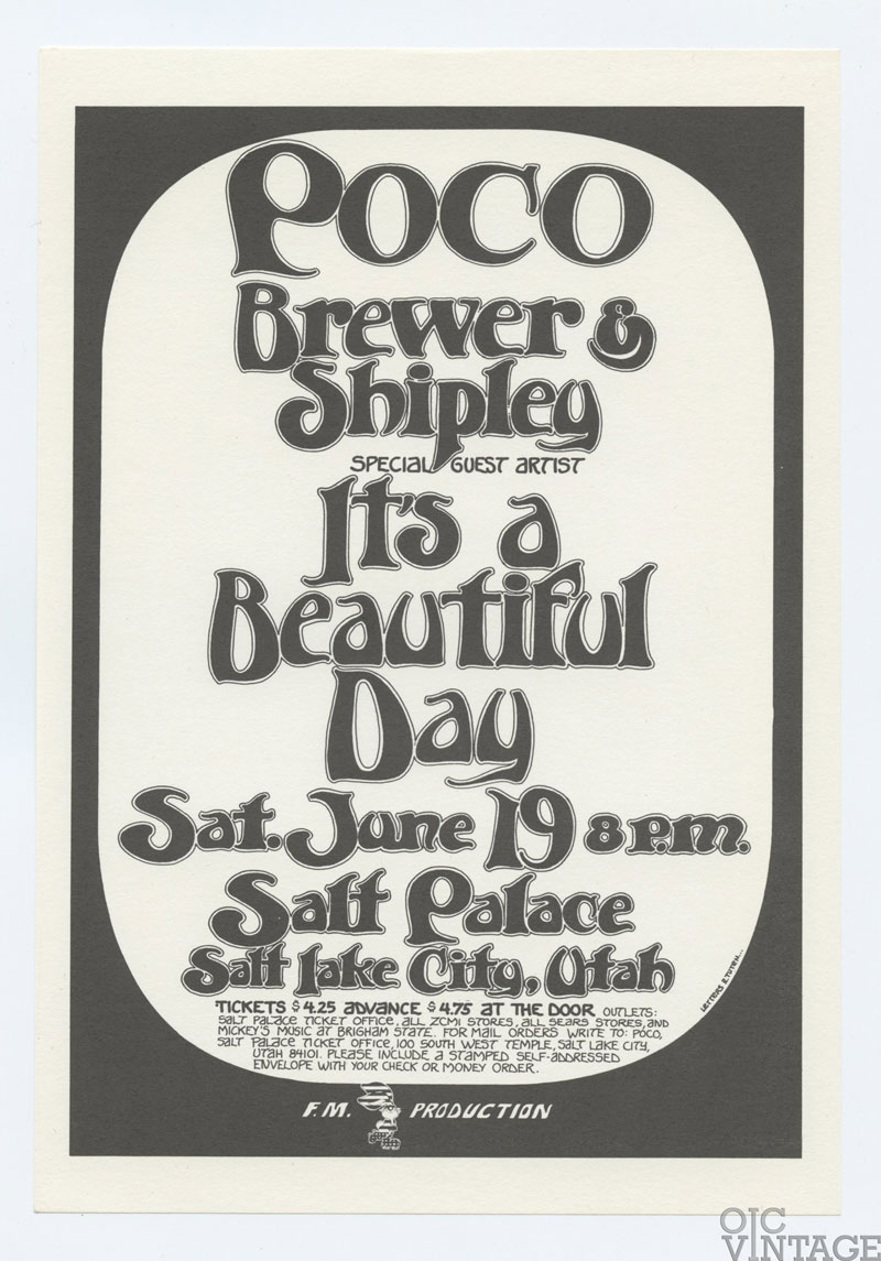 Poco Handbill Brewer and Shipley It's a Beautiful Day 1971 Jun 19 Salt Palace Randy Tuten