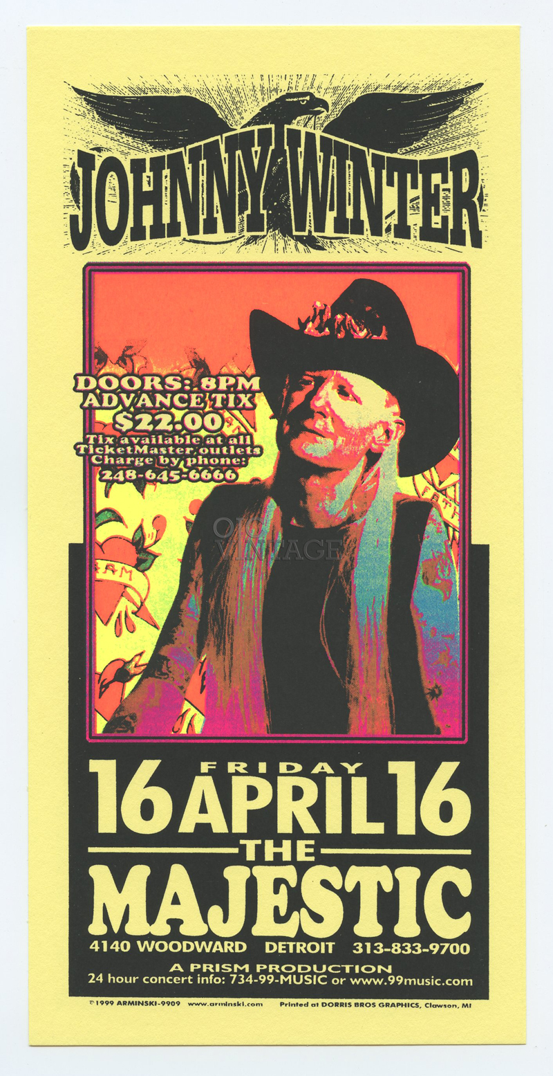 Johnny Winter Handbill The Majestic Detroit 1999 Apr 6 Mark Arminski