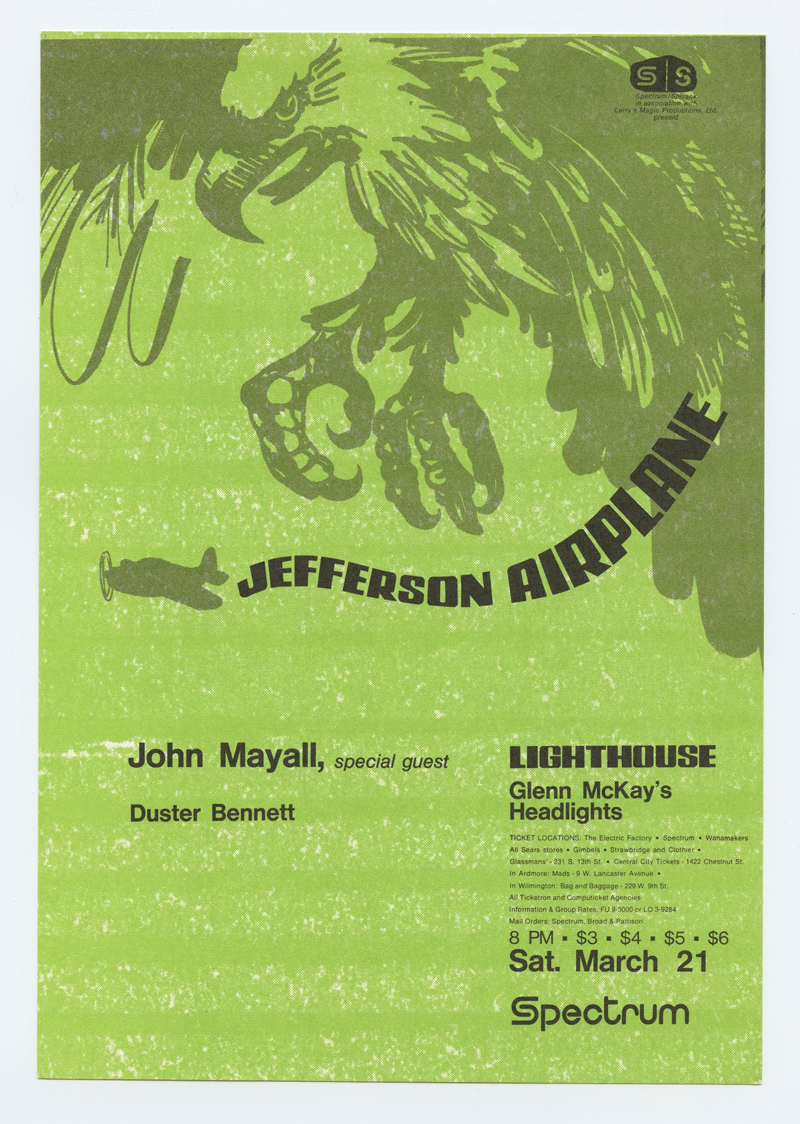 Jefferson Airplane John Mayall Handbill Spectrum Philadelphia 1970 Mar 21