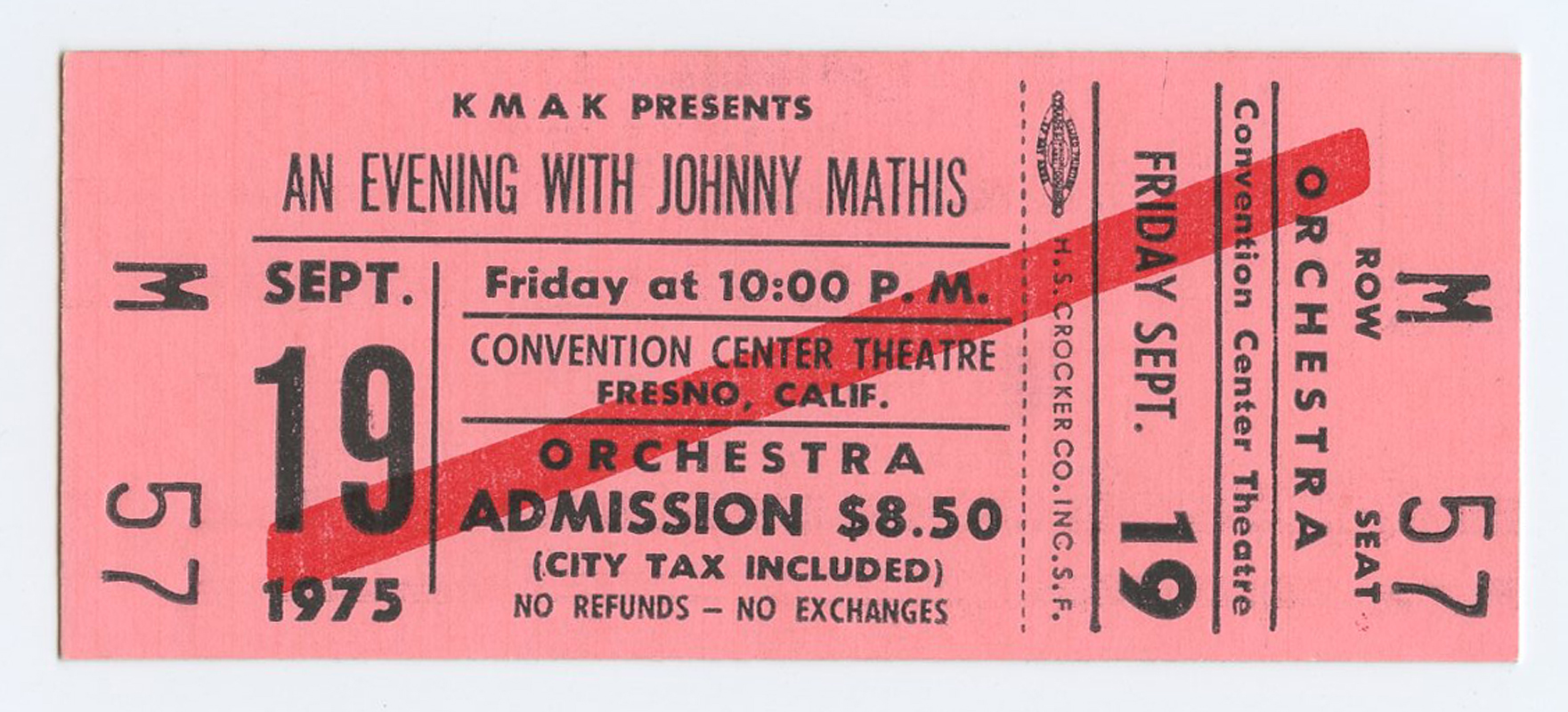 Johnny Mathis Ticket Vintage Convention Center Theatre Eugene 1975 Sep 19 