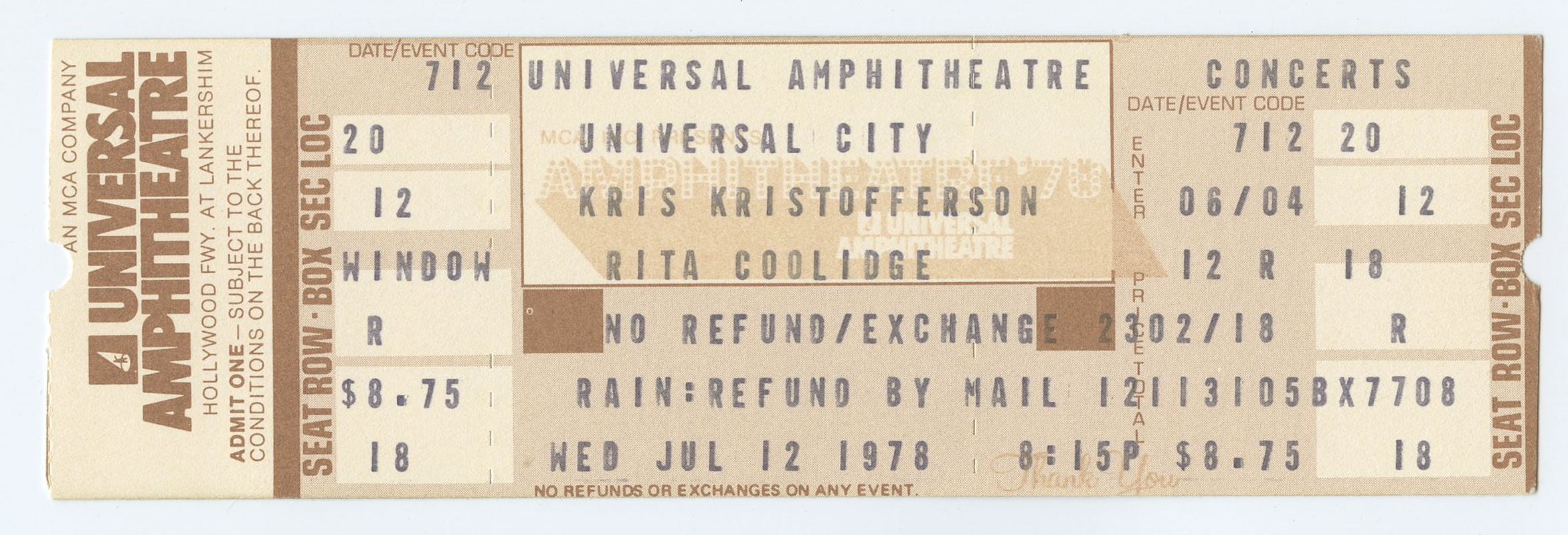 Kris Kristofferson Ticket Vintage 1978 Jul 12 Universal Amphitheate 