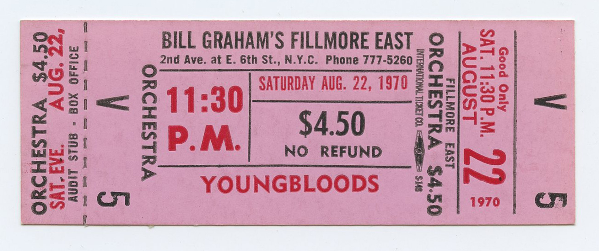 Bill Graham Fillmore East Vintage Ticket 1970 Aug 22 The Youngbloods ...