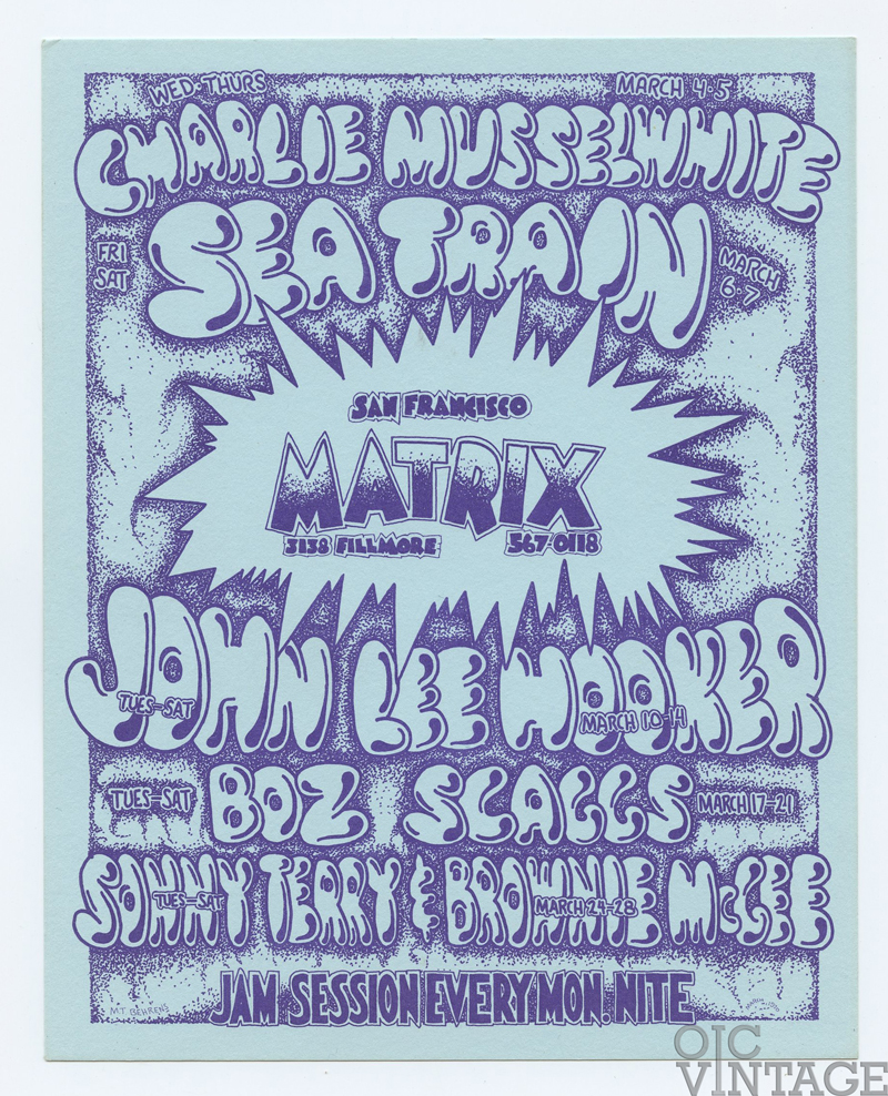 John Lee Hooker Charlie Musselwhite Handbill Matrix San Francisco 1970 Mark T Behrens