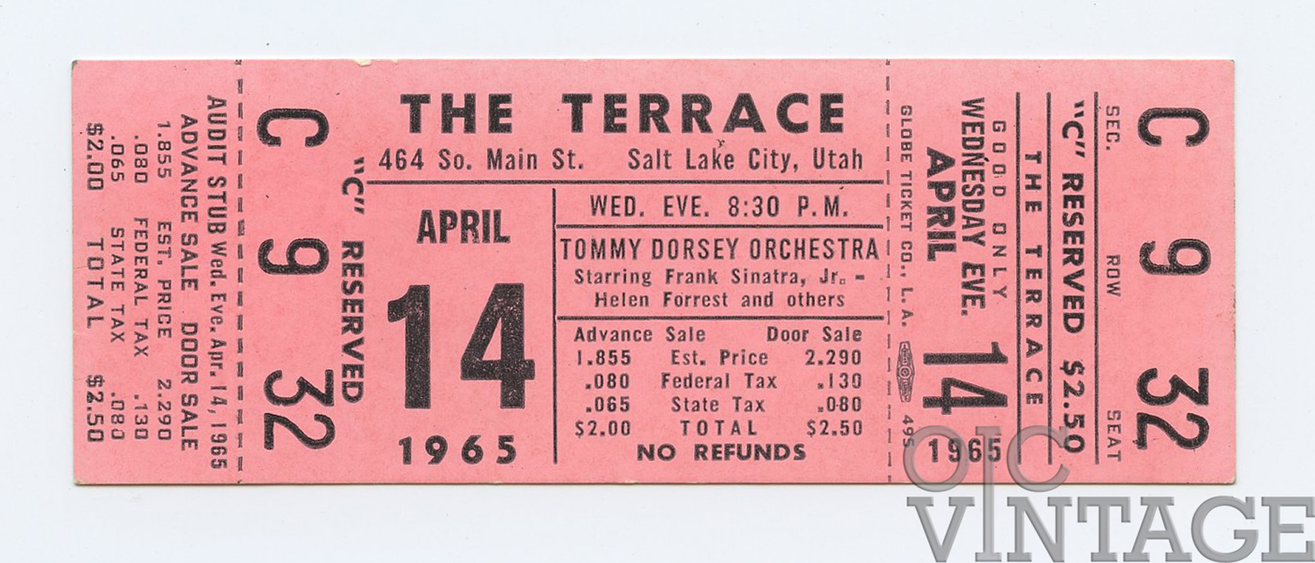 Tommy Dorsey Orchestra Ticket Vintage 1965 Apr 14 The Terrace Salt Lake City 