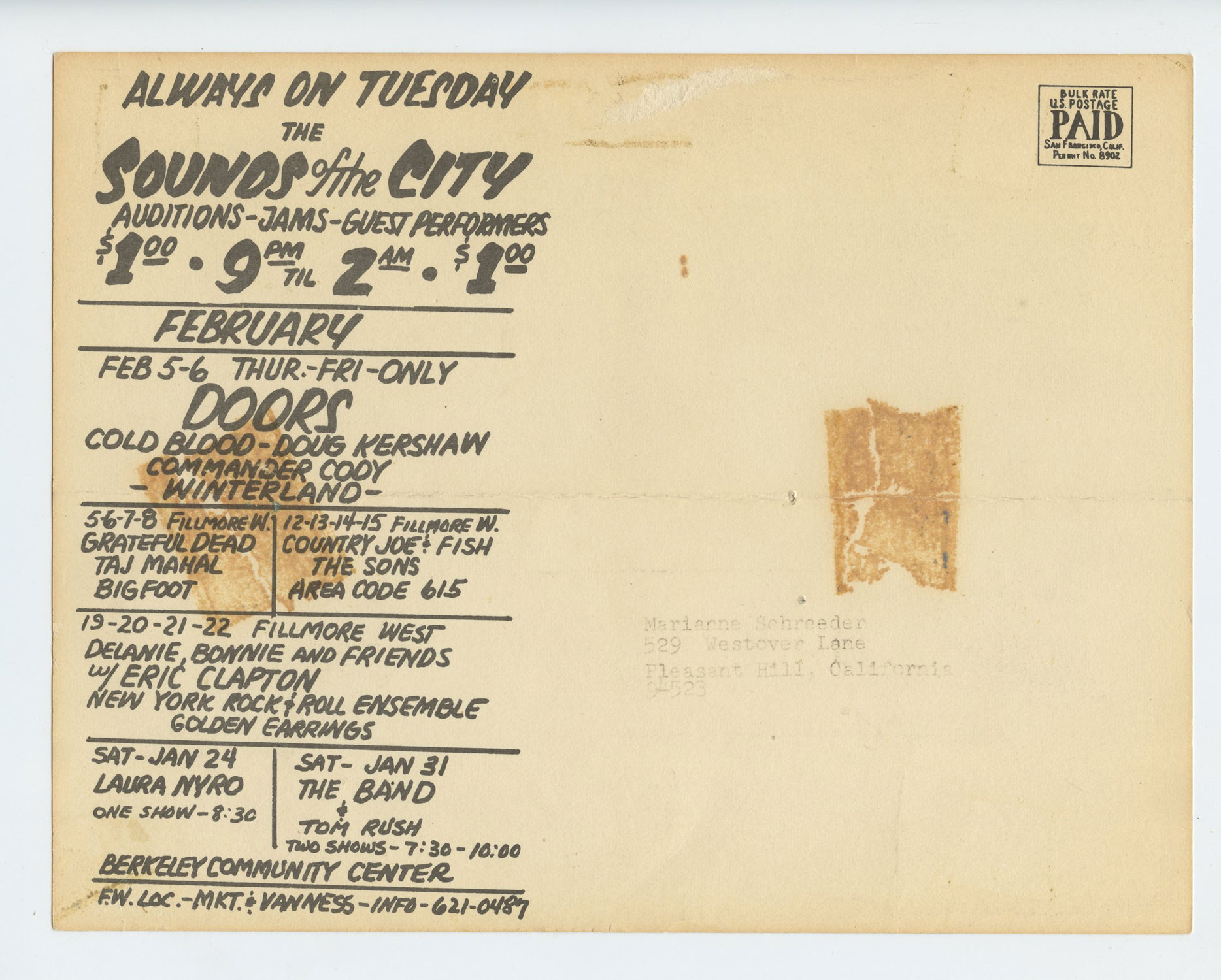 BG 214 BG 216 Postcard Mailed Grateful Dead Sha Na Na 1969 Jan