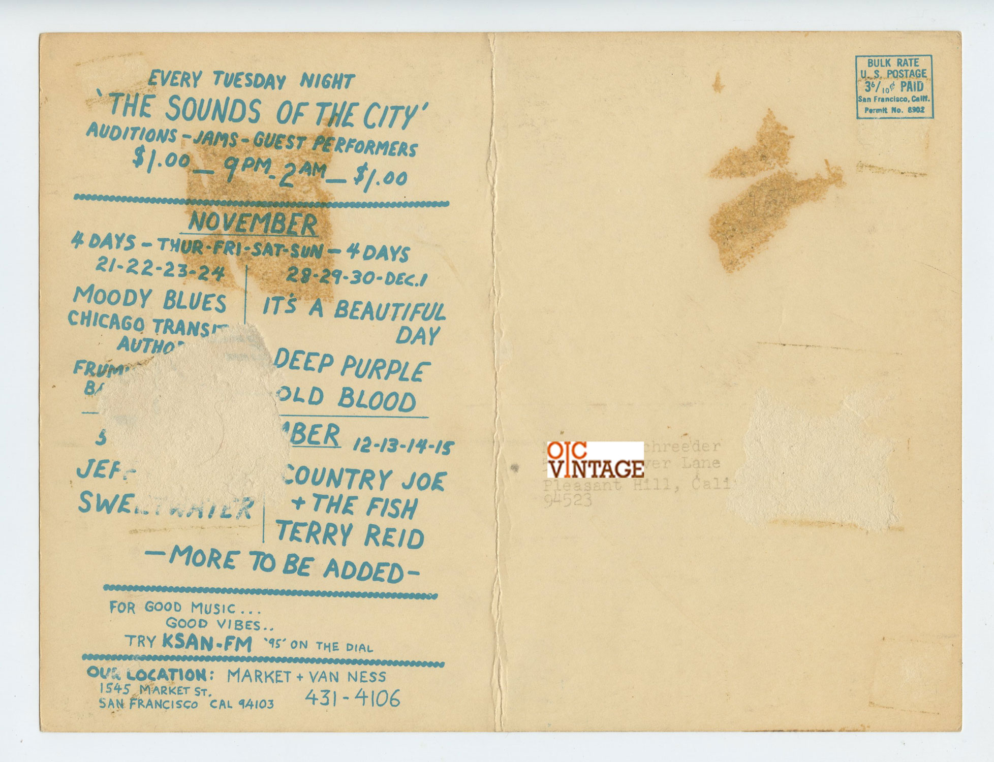 BG 146 BG 147 Postcard Mailed Moody Blues Deep Purple 1968 Nov