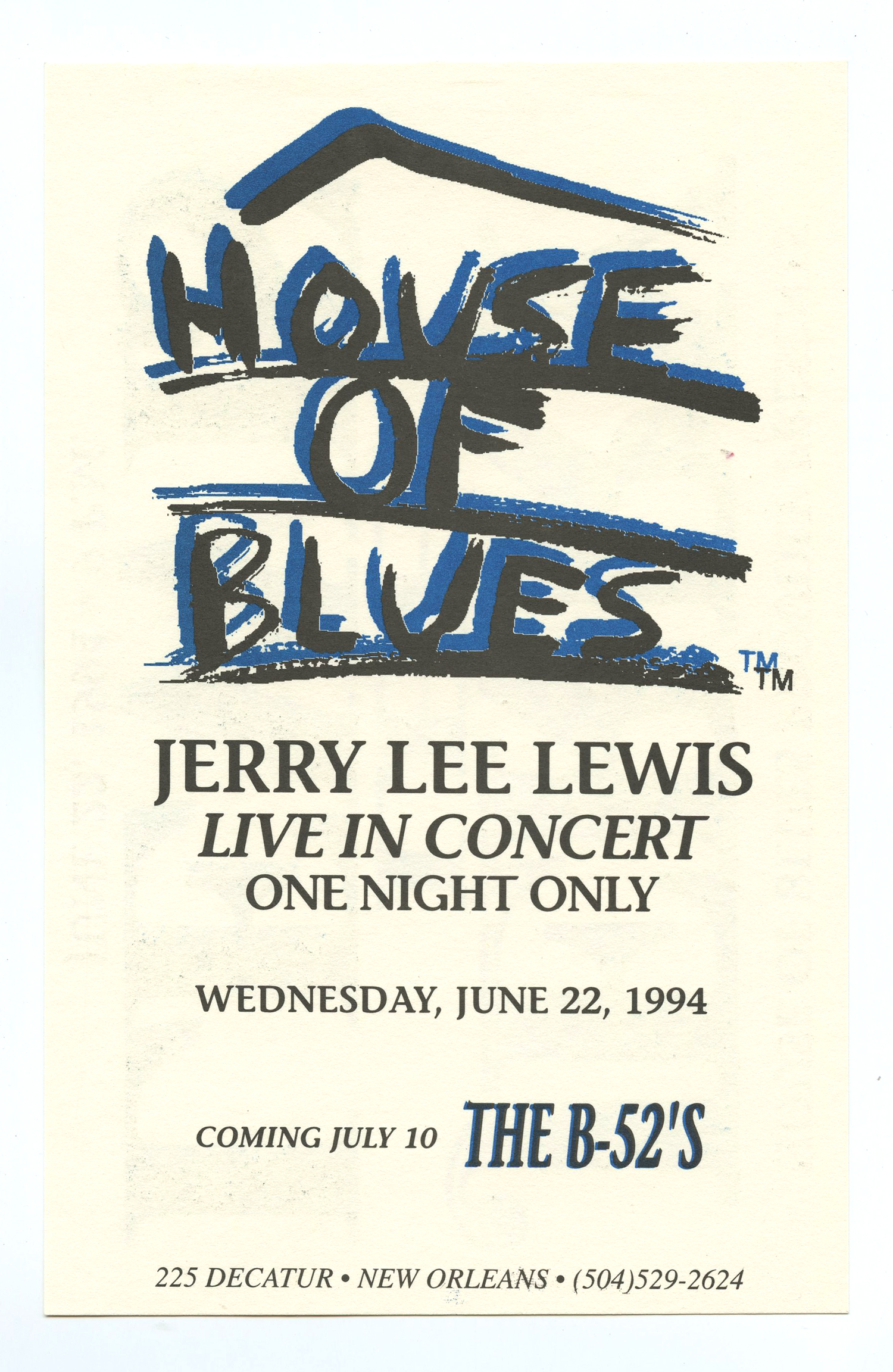 Jerry Lee Lewis Handbill 1994 Jun 22 House of Blues New Orleans 2 sided