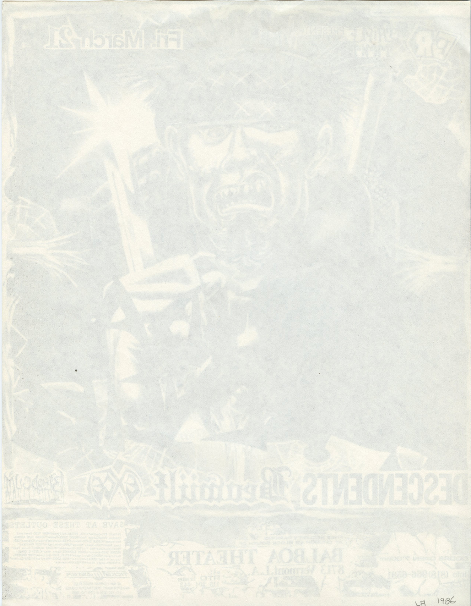 Suicidal Tendencies Handbill 1986 March 21 Balboa Theater LA 