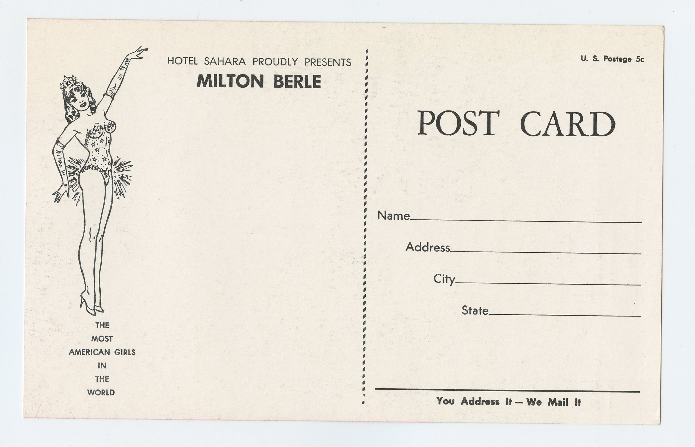 Milton Berle Postcard Sahara Las Vegas Nevada Promo circa 1965 - 1968