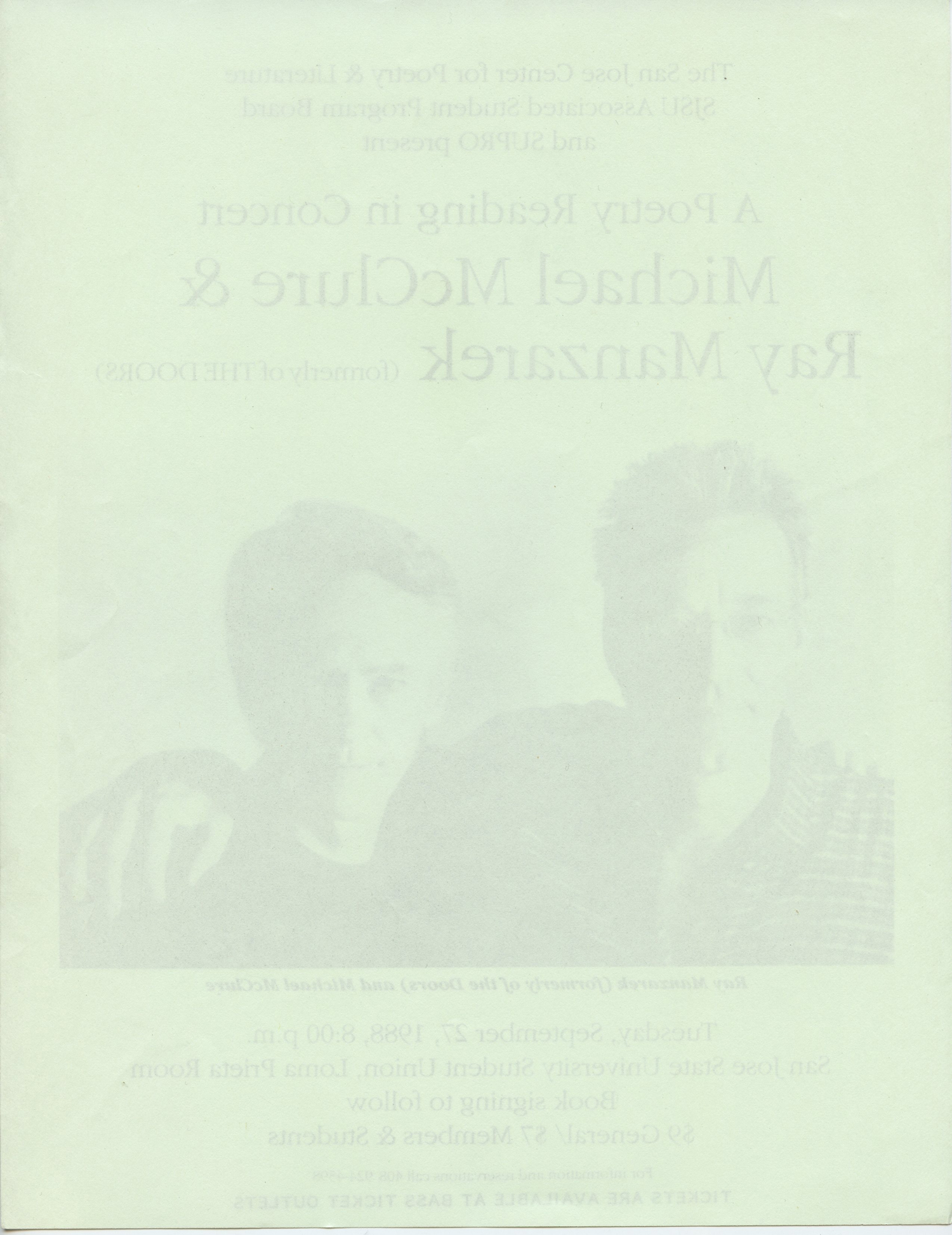 Ray Manzarek Michael McClure Handbill A Poetry Reading in Concert 1988 Sep 7