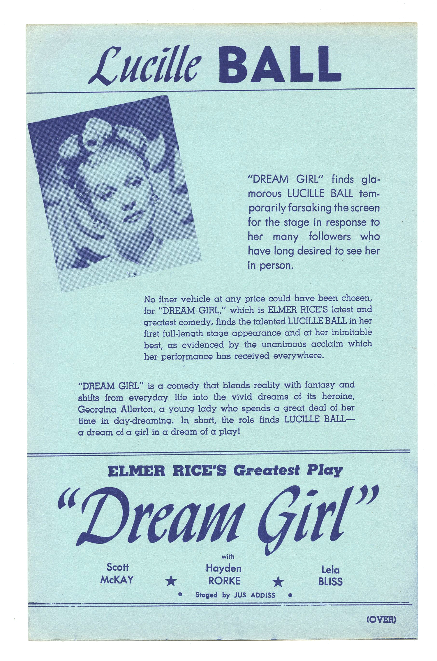 Lucille Ball Handbill Dream Girl 1948 Jan 5 Biltmore Theatre Los Angeles