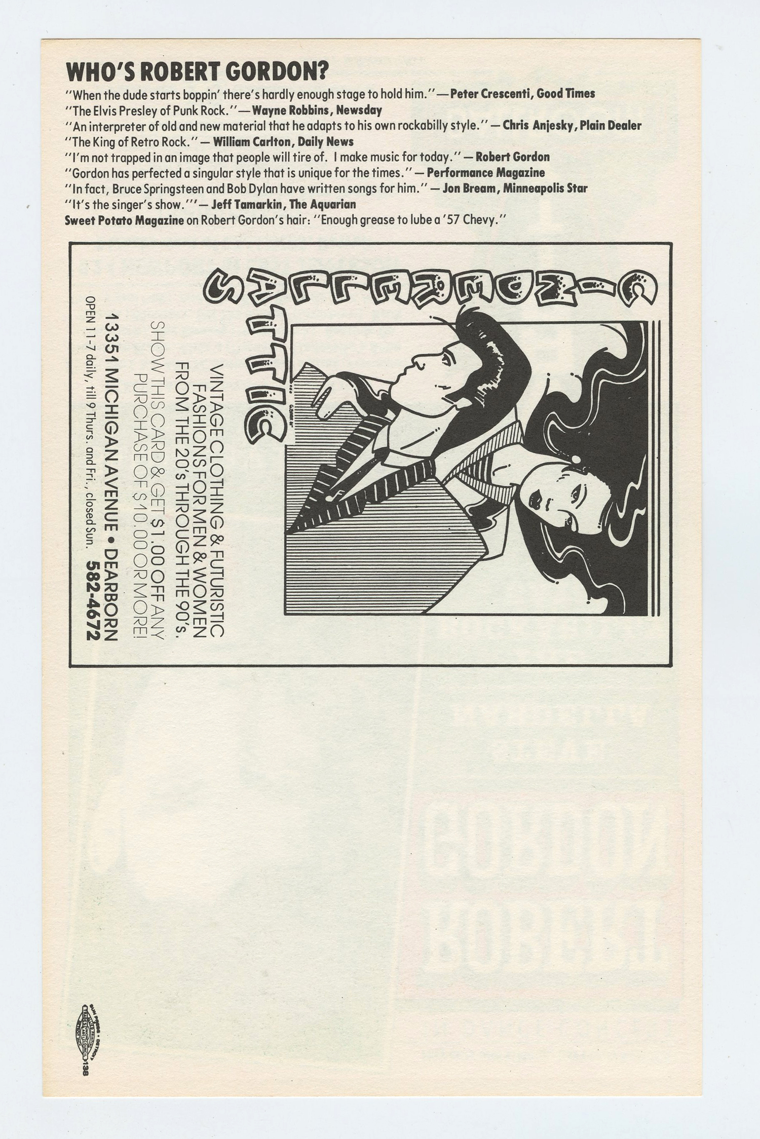 Robert Gordon Handbill 1981 May 23 Vanity Ballroom Detroit 2 Sided Gary Grimshaw