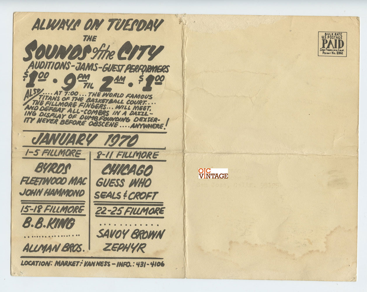 BG 209 Postcard Mailed Jefferson Airplane Santana 1969 Dec 31