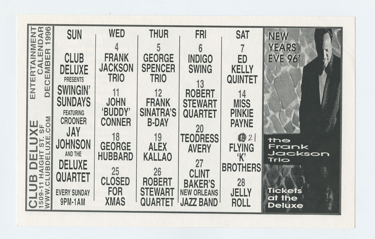 Robert Stewart Quartet Handbill  Frank Sinatra Birthday Celebration 1996 Dec San Francisco