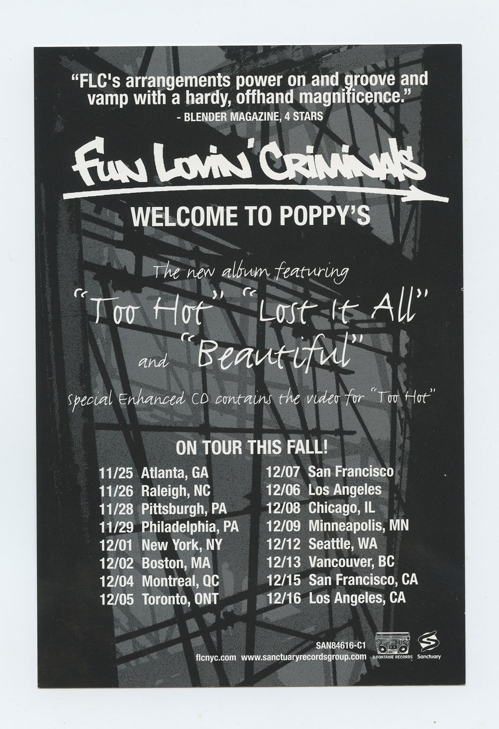 Fun Lovin Criminals Handbill 2003 Welcome to Poppy's Album Promotion