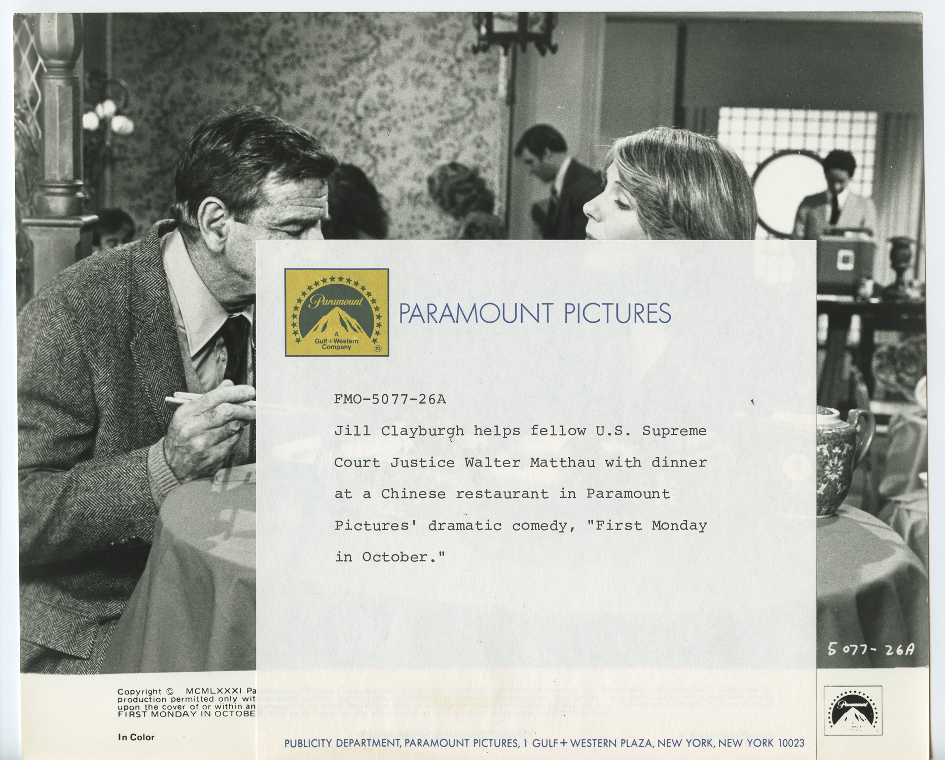 Walter Matthau Jill Clayburgh Photo 1981 First Monday In October Original Vintage