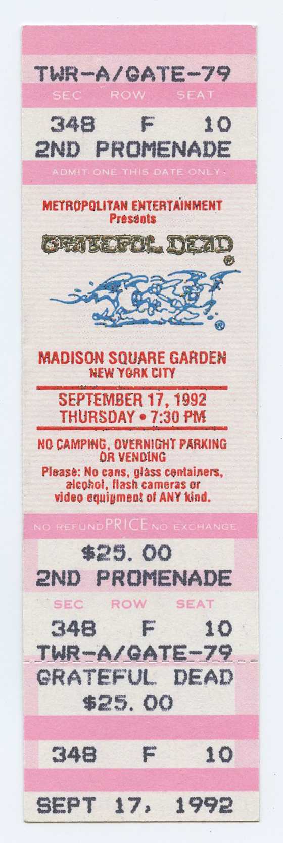 Grateful Dead Ticket Vintage 1992 Sep 17 Madison Square Garden NY 