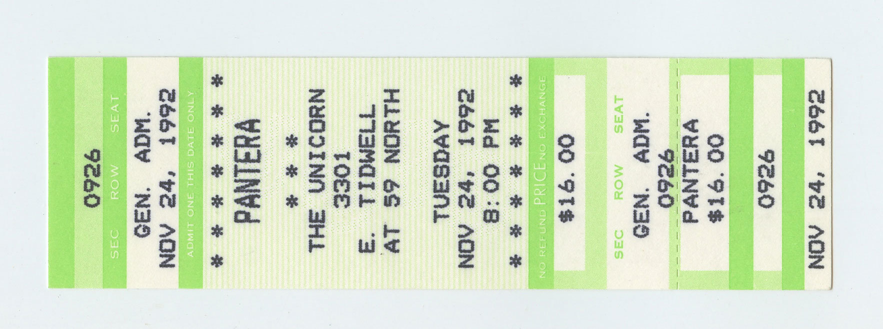 Pantera Ticket Vintage 1992 Nov 24 The Unicorn Houston 