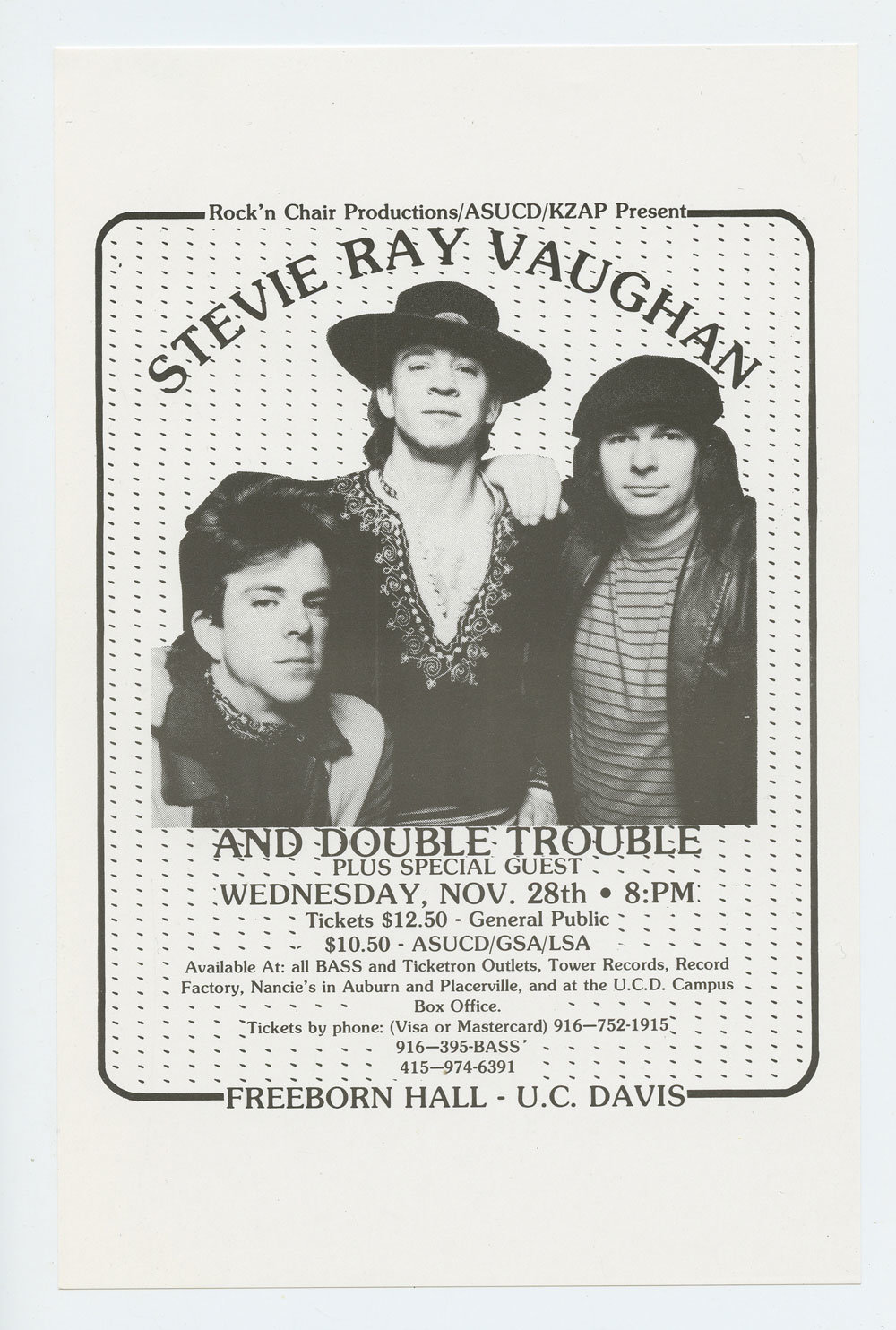 Stevie Ray Vaughan Handbill 1984 Nov 28 UC Davis Freeborn Hall