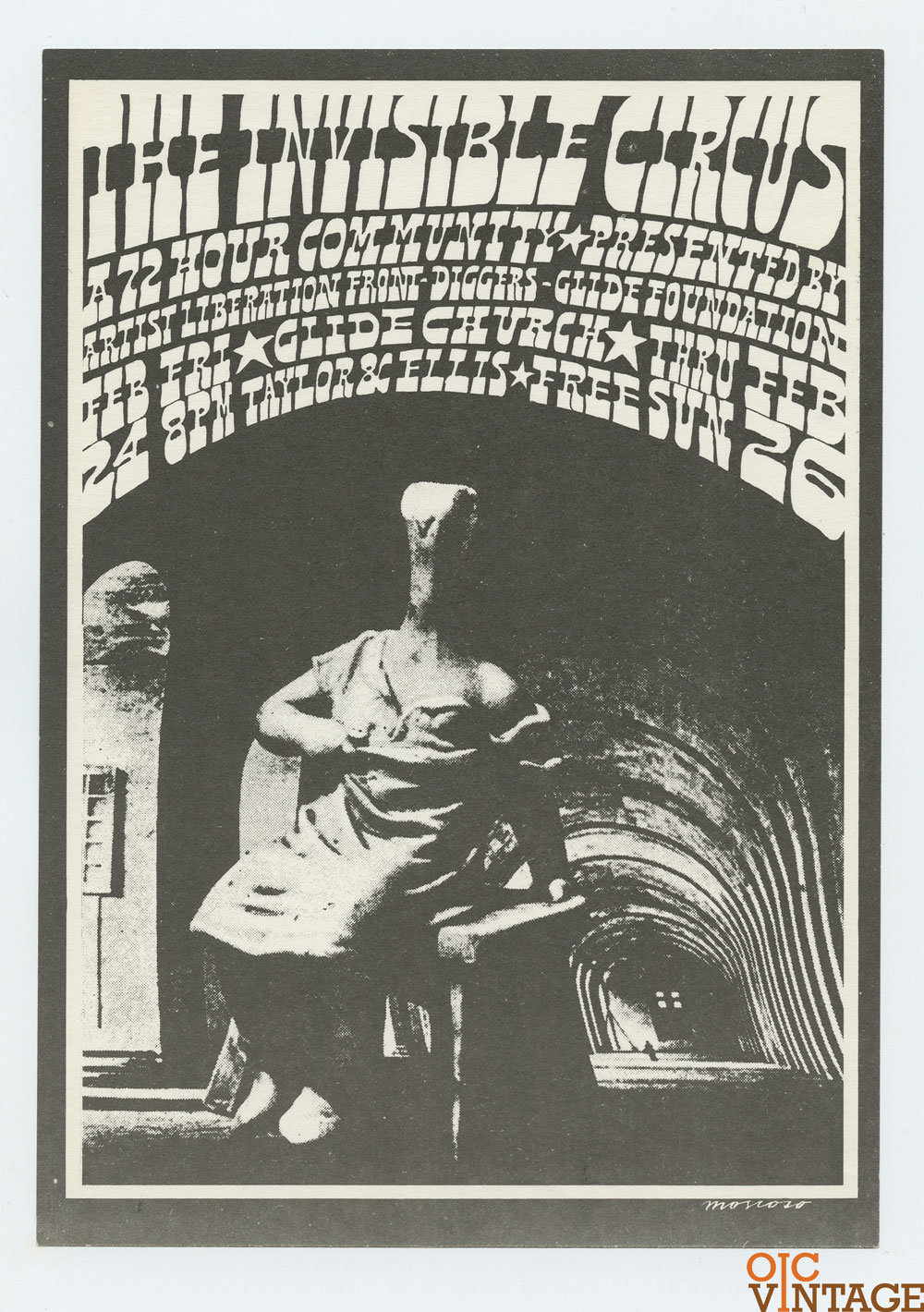 Invisible Circus Artists Liberation Front Diggers Handbill 1967 Glide Church Victor Moscoso