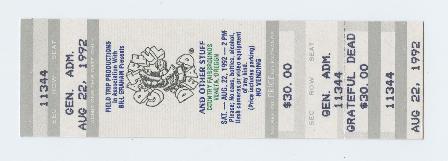 Grateful Dead Ticket Vintage 1992 Aug 22 County Fairgrounds Veneta Oregon 