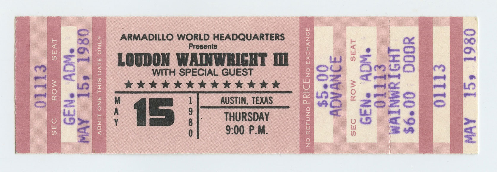 Loudon Wainwright III Ticket Vintage 1980 May 15 Austin TX 