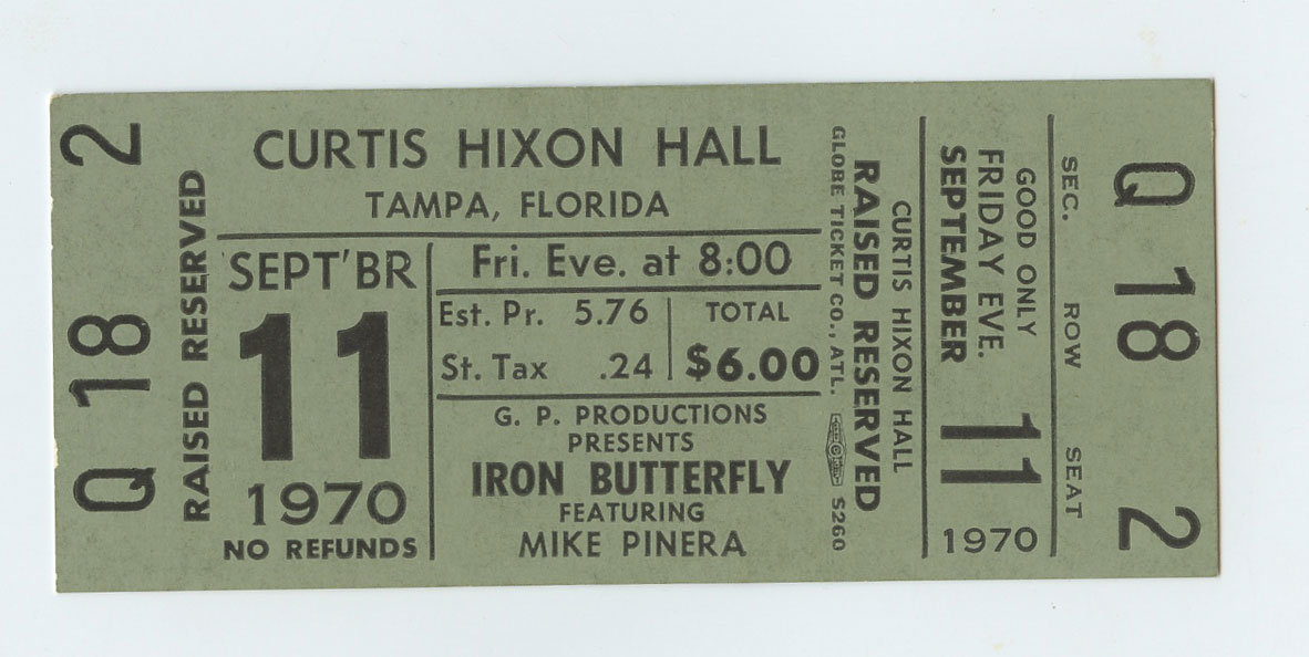 Iron Butterfly Ticket Vintage 1970 Sep 11 Tampa FL 