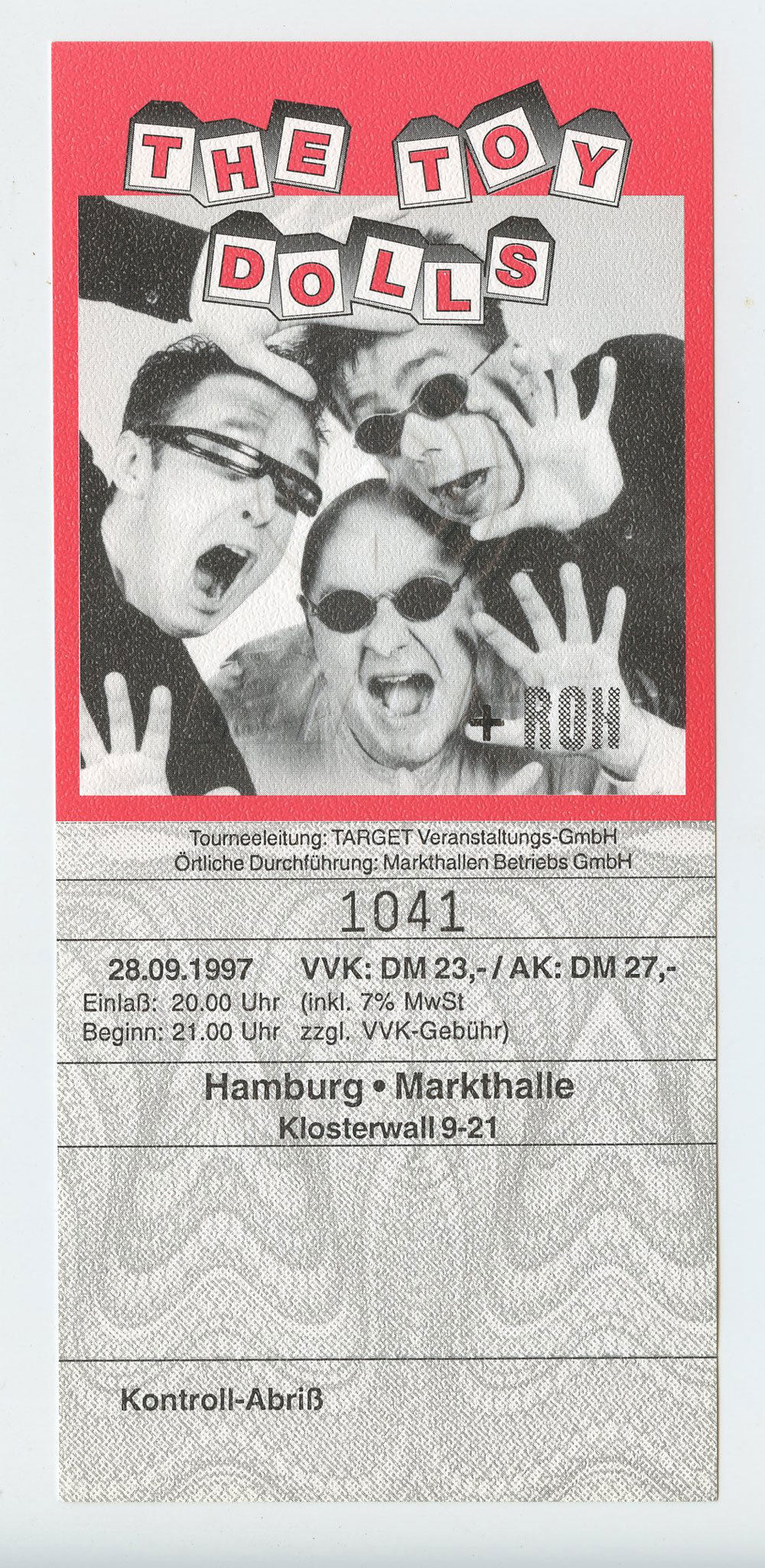 Toy Dolls Ticket Vintage 1997 September 28 Hamburg Germany 