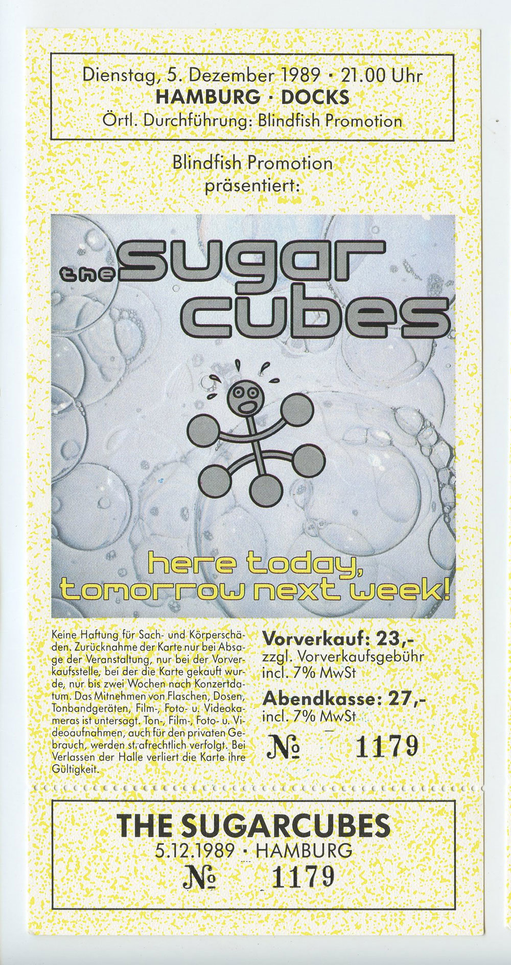 Sugar Cubes Ticket Vintage 1989 Dec 5 Hamburg, Germany 