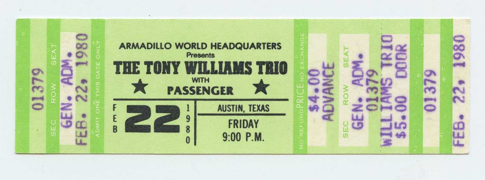 Tony Williams Ticket Vintage 1980 Feb 22 Austin TX 