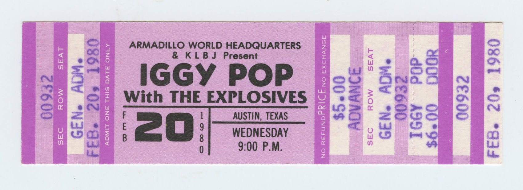 Iggy Pop Ticket Vintage 1980 Feb 20 Austin TX 