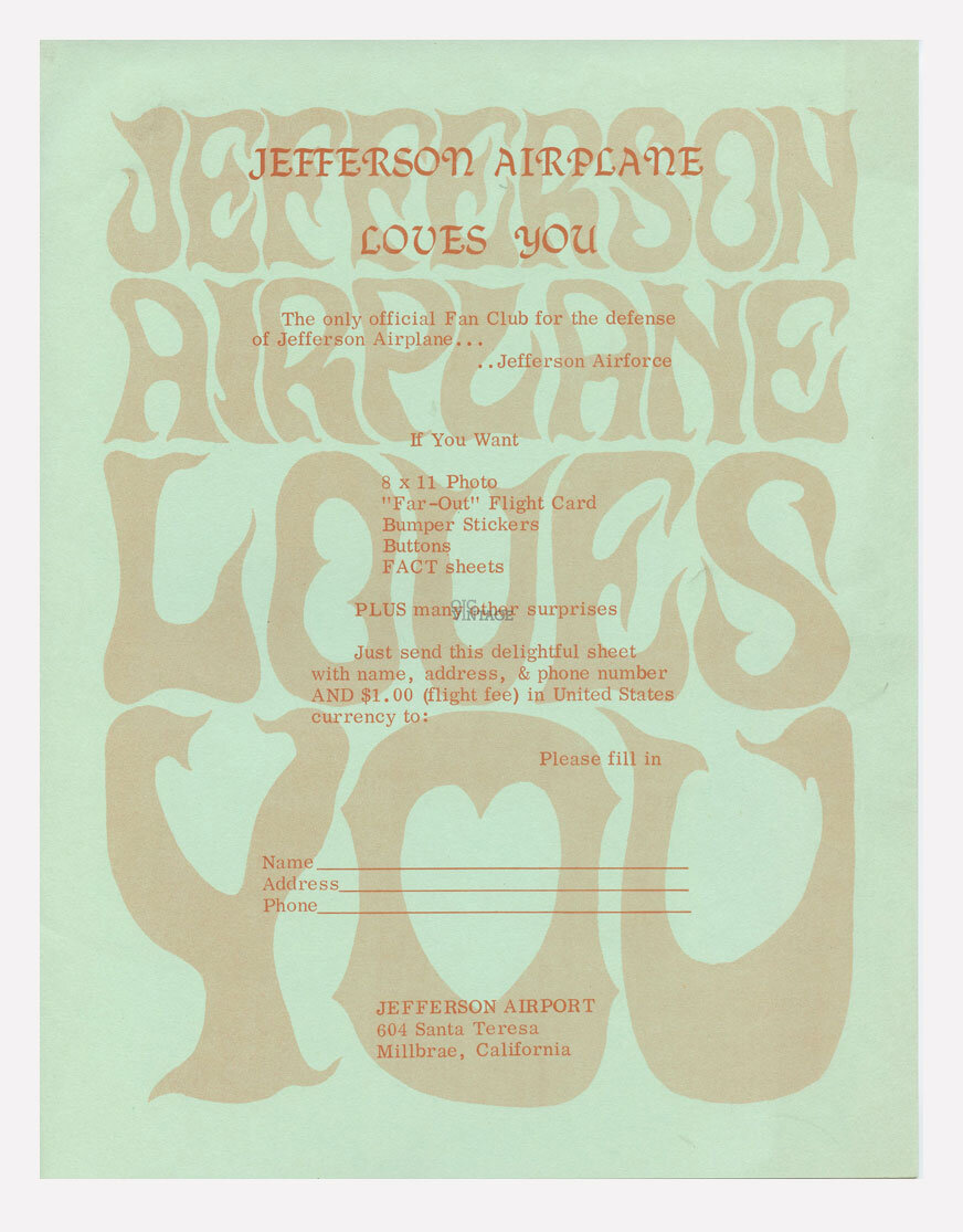 Jefferson Airplane Fan Club Application 1967 Vintage