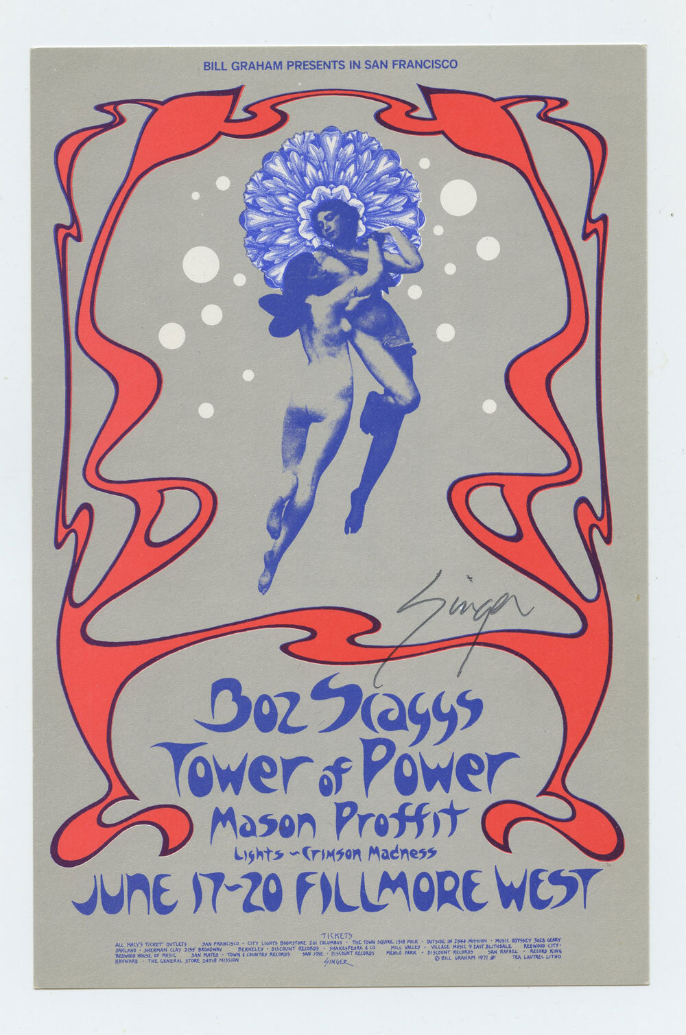 BG 285 Postcard Ad Back Boz Scaggs Tower of Power 1971 Jun 17 David Singer signed