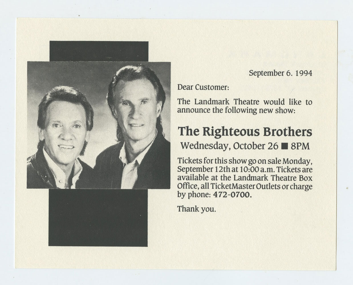 The Righteous Brothers Postcard 1994 Oct 26 Landmark Theatre NY