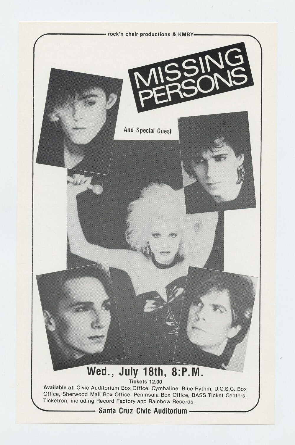 Missing Persons band Handbill Santa Cruz Auditorium 1984