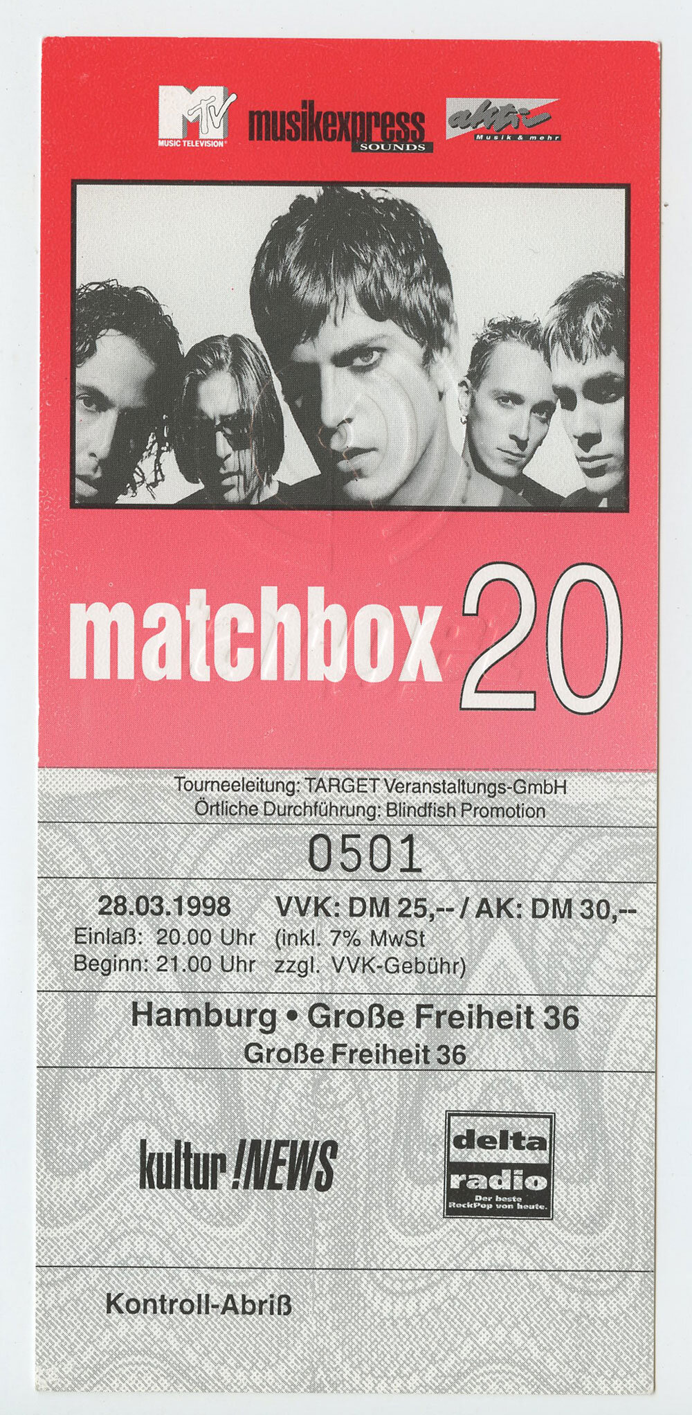 Matchbox 20 Vintage Ticket 1996 Mar 28 Hamburg Germany 