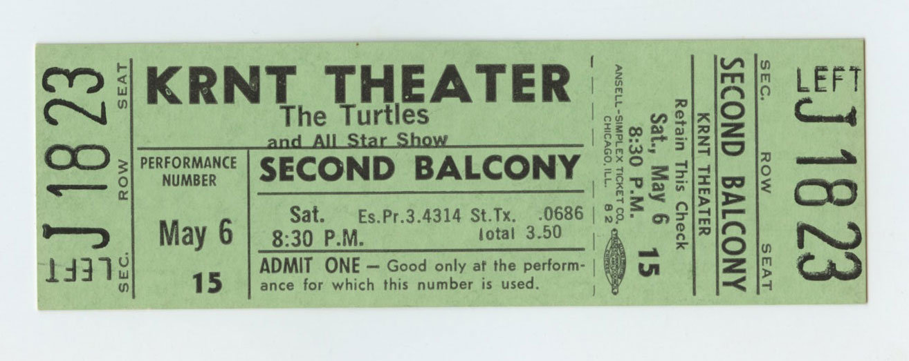 The Turtles Buffalo Springfield Robbs  Ticket Vintage 1967 May 6 Des Moines Iowa 